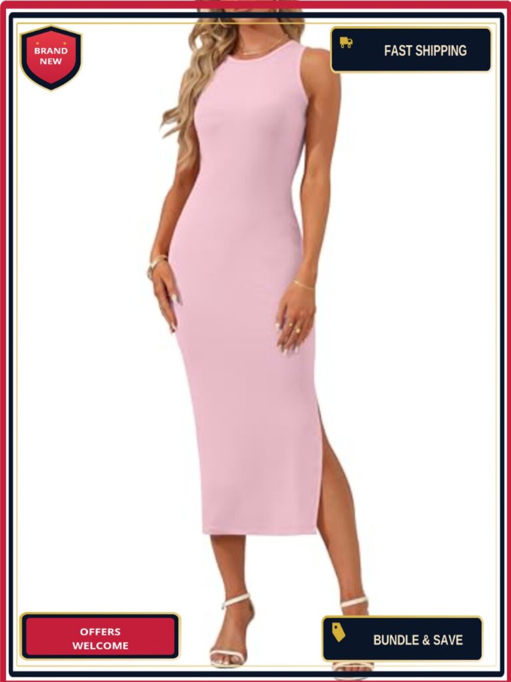 Sleeveless Bodycon Midi Dress Women Ribbed Knit Stretchy Side Slit - Picture 4 of 6